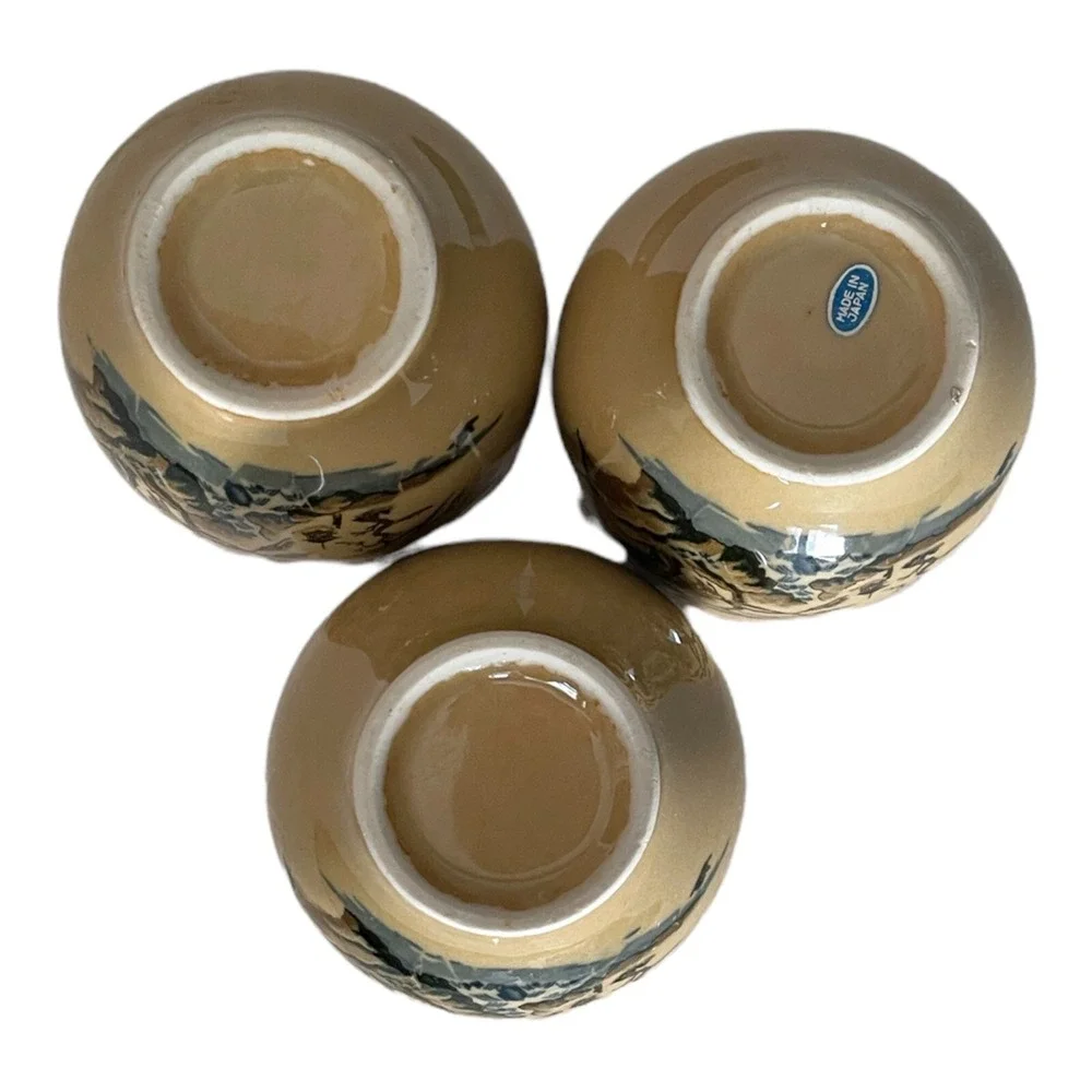 3 Vintage SAKI Japanese Sake/Tea Cups Tan with Landscape Ceramic Asian Decor